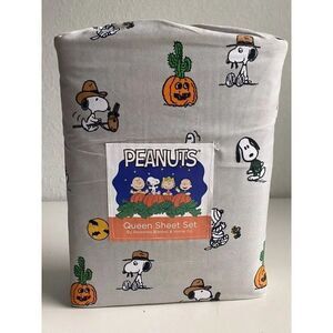 Peanuts Snoopy Halloween QUEEN Sheet Set Pumpkin Cactus Cowboy Pumpkin NEW